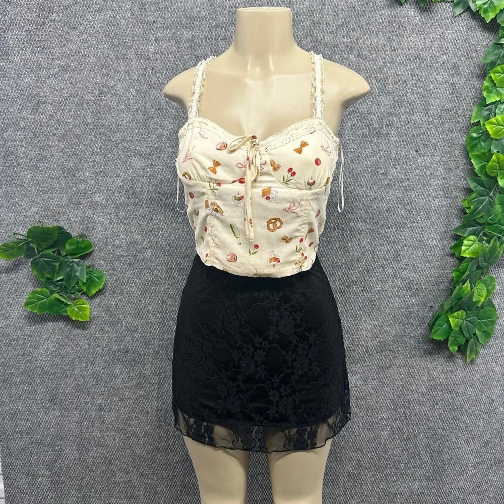 Cream Food Print Lace Trim Cami Top